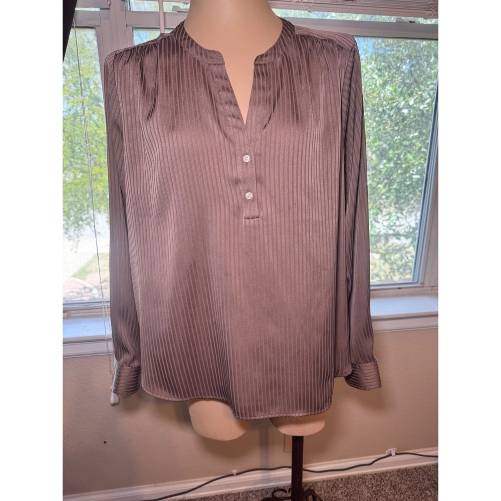 J.Crew Womens XL Mauve Taupe Pleated Satin Henley Blouse Long Sleeve Top